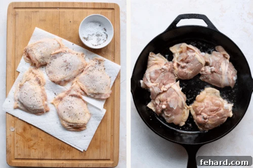 Raw chicken thighs seasoned and ready for cooking.