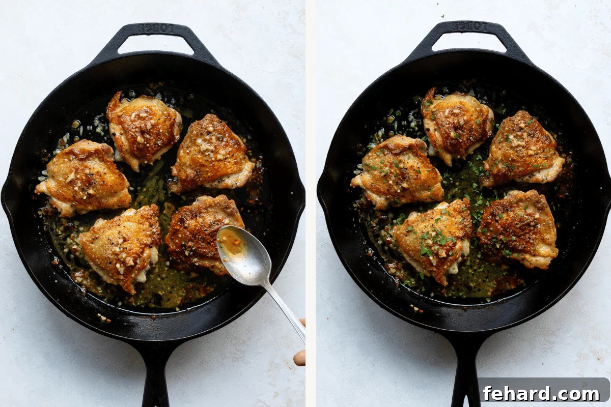 Overhead view of golden-brown chicken thighs with crispy skin in a cast iron skillet, fresh out of the oven.