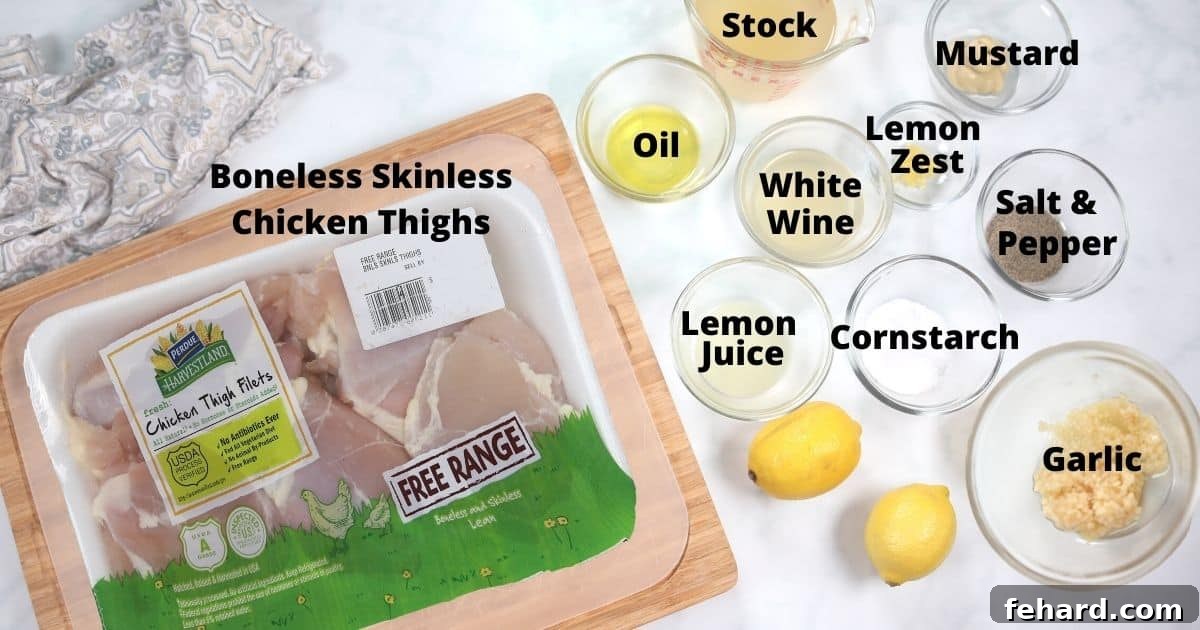 Ingredients for Instant Pot Lemon Garlic Chicken Labeled on counter.