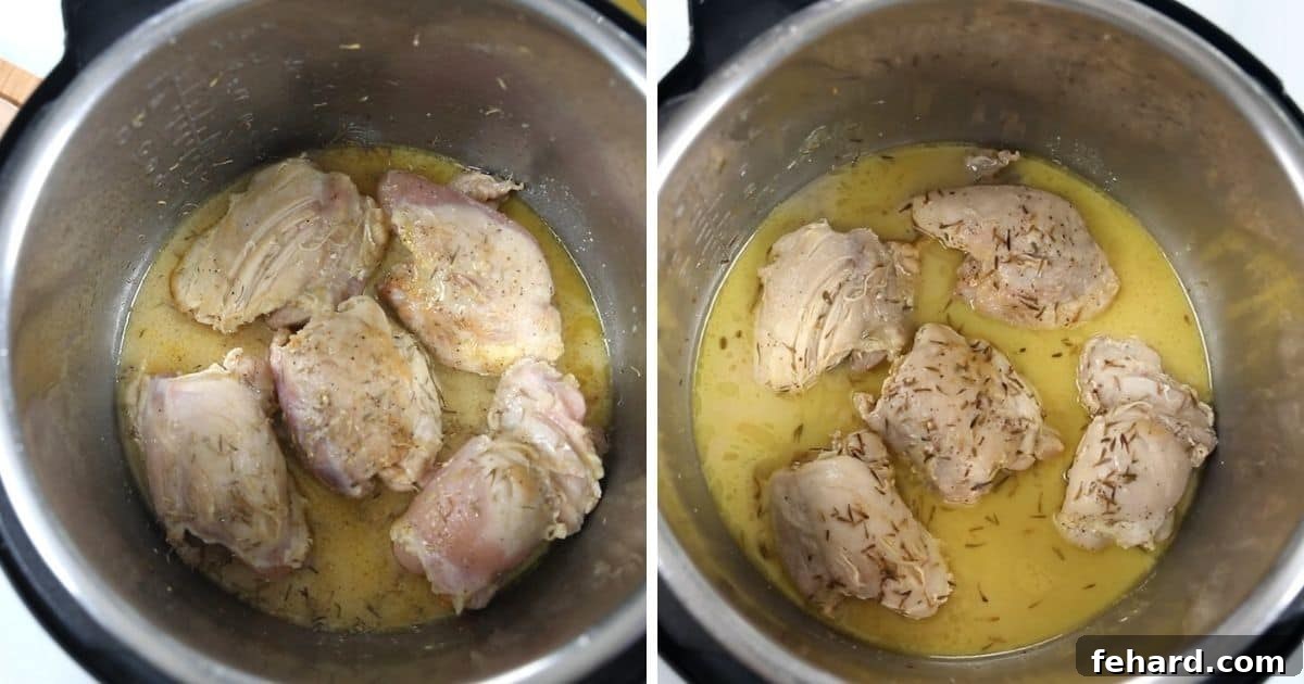 Side by side picture of lemon garlic chicken in instant pot before and after pressure cooking.