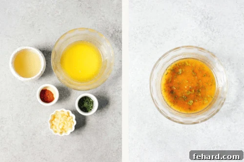 Left: ingredients to make the garlic butter sauce. Right: garlic butter sauce in a bowl