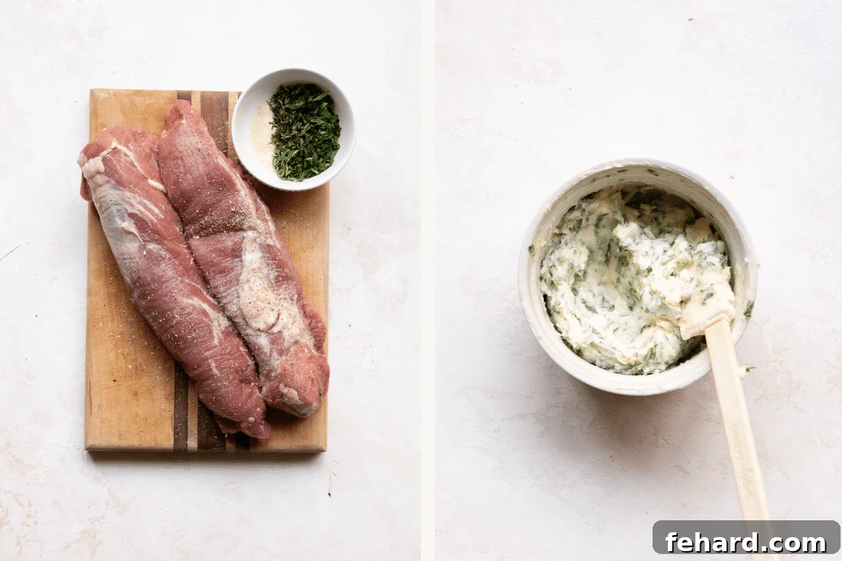 Mouthwatering Garlic Butter Pork Tenderloin 4 raw pork tenderloin on a wooden board. left: garlic butter mixture on a bowl.