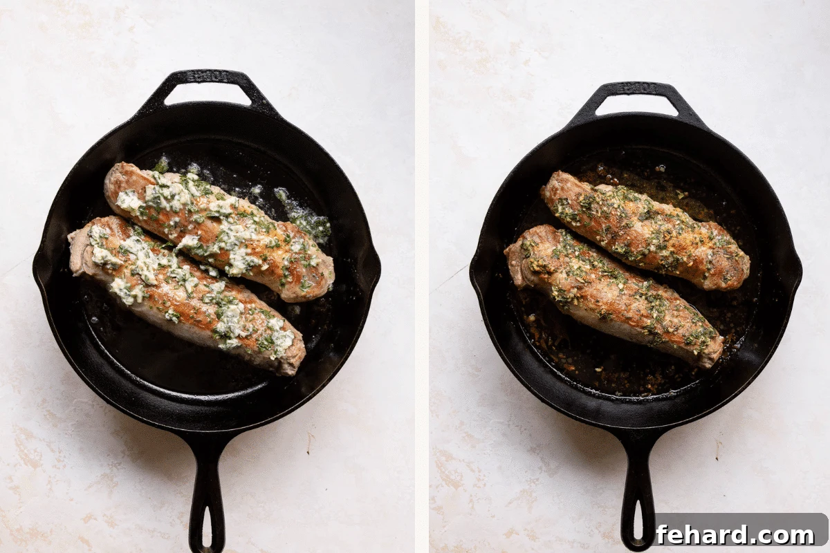 Mouthwatering Garlic Butter Pork Tenderloin 6 left: raw pork tenderloin with garlic butter. right cooked pork tenderloin with garlic butter.