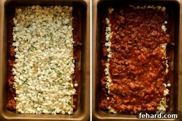 Side-by-side photos illustrating the process of adding cottage cheese filling and meat sauce to lasagna layers in a baking dish.