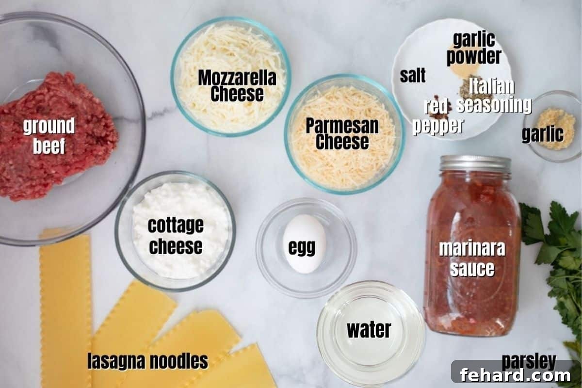 Various fresh ingredients for homemade lasagna laid out on a kitchen counter: noodles, sauces, cheeses, and herbs.