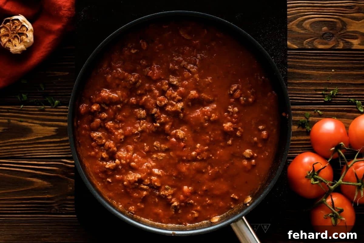 Rich meat sauce for homemade lasagna simmering in a large skillet, ready for layering.