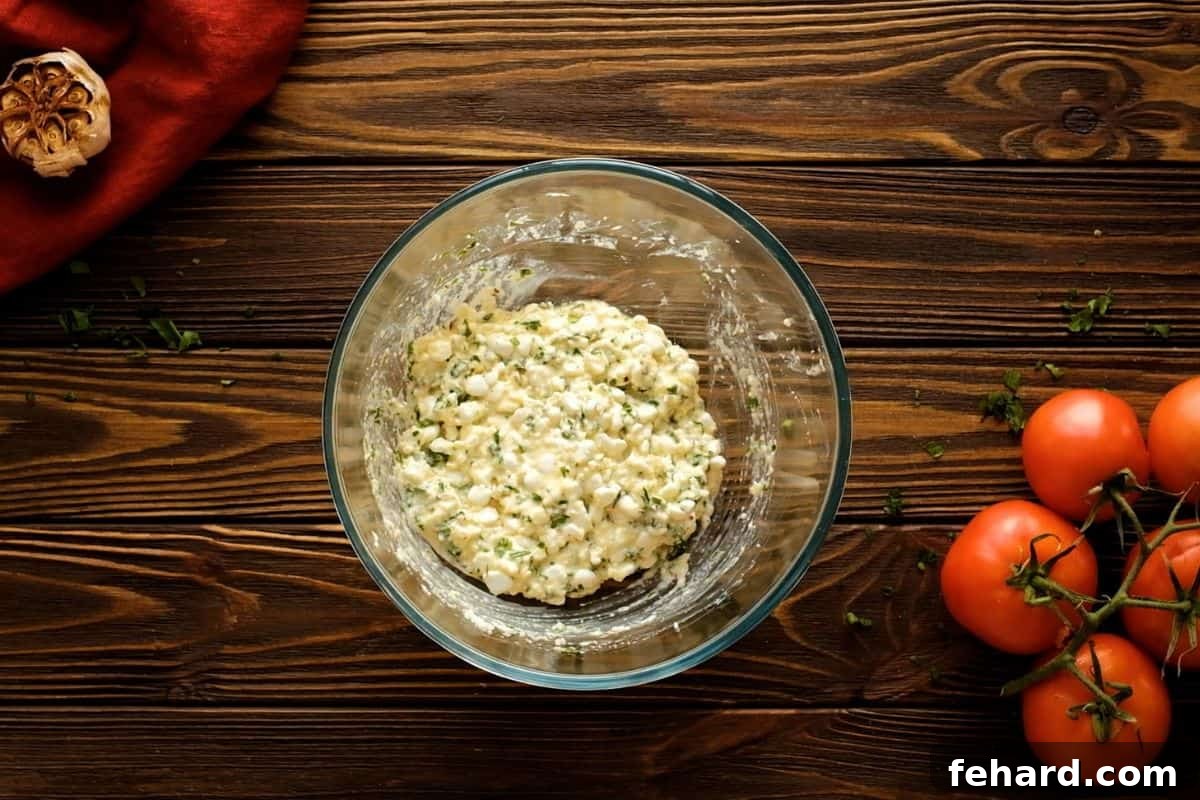Creamy cottage cheese filling mixed with egg, fresh parsley, and seasonings in a large bowl, ready for lasagna.