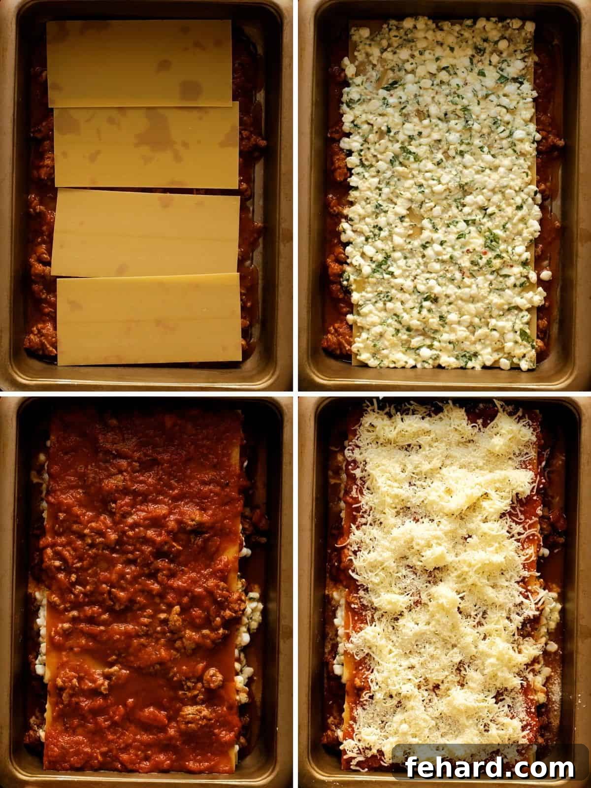 A series of four photos demonstrating the step-by-step layering process of lasagna in a baking dish, from sauce to noodles to fillings.