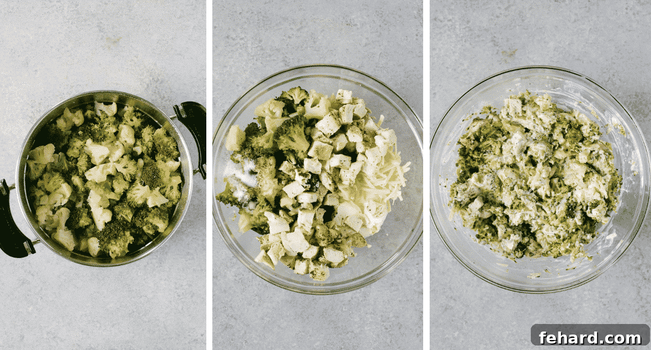 Creamy Broccoli Cauliflower Casserole 3 Step-by-step photo collage showing steamed vegetables, creamy chicken and cheese mixture, and all ingredients combined.