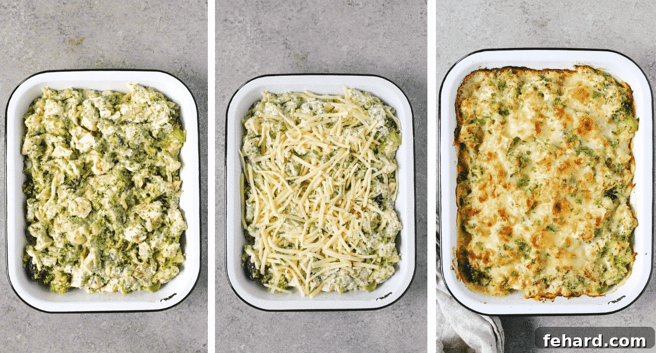Creamy Broccoli Cauliflower Casserole 4 A step-by-step visual guide showing the transfer of the broccoli, cauliflower, and chicken mixture into a baking dish, adding more cheese, and the final golden-brown baked casserole.