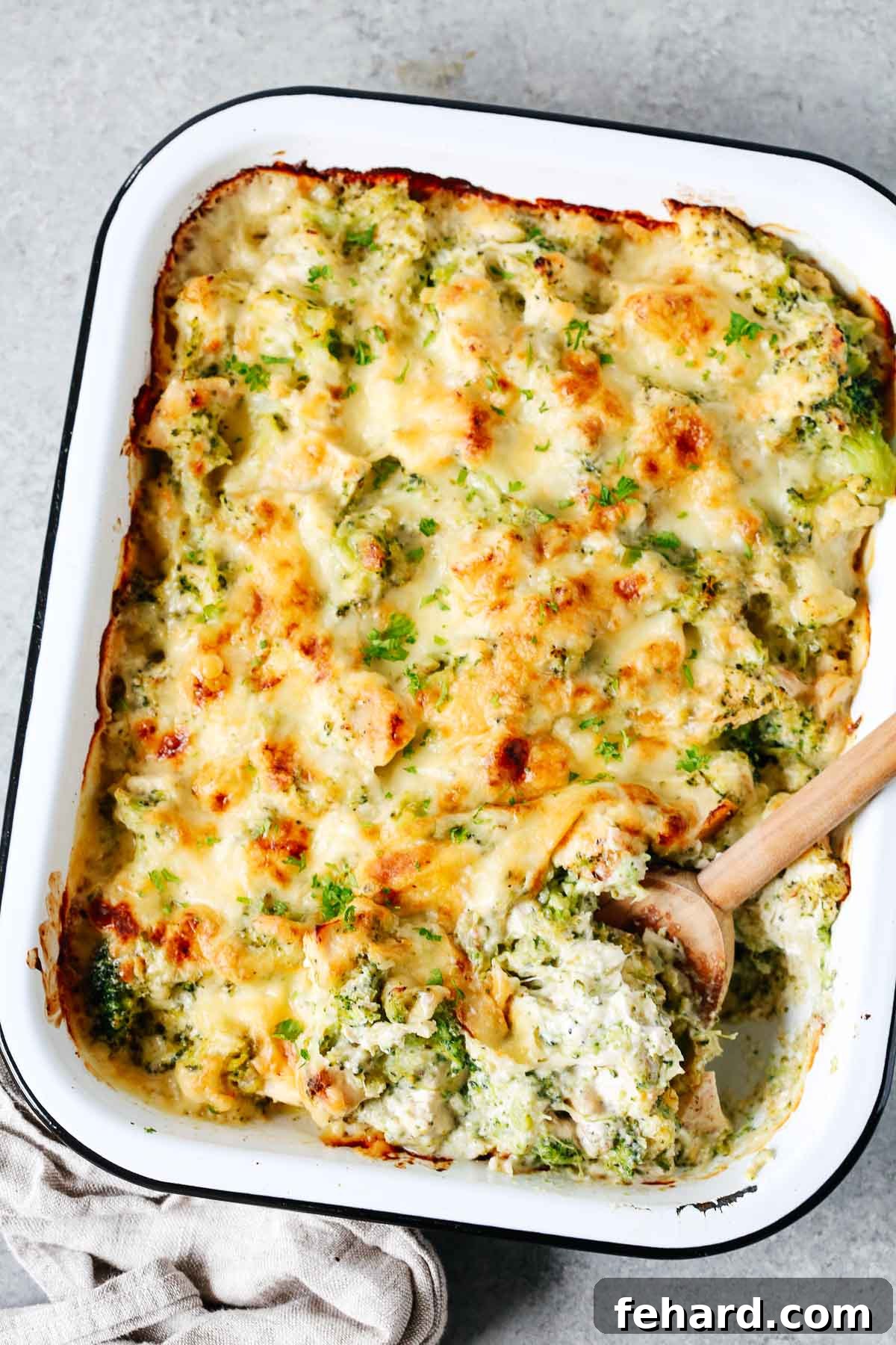 Creamy Broccoli Cauliflower Casserole 6 Overhead shot of a baking dish filled with the appetizing broccoli and cauliflower casserole, ready to be served.
