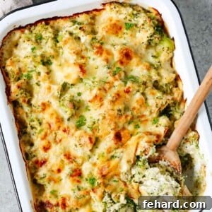 Creamy Broccoli Cauliflower Casserole 7 Baked dish with broccoli and cauliflower with melted cheese on top