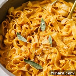 A serving of pumpkin alfredo sauce and fettuccine pasta.