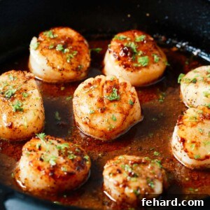 golden pan seared garlic butter scallops in a cast iron