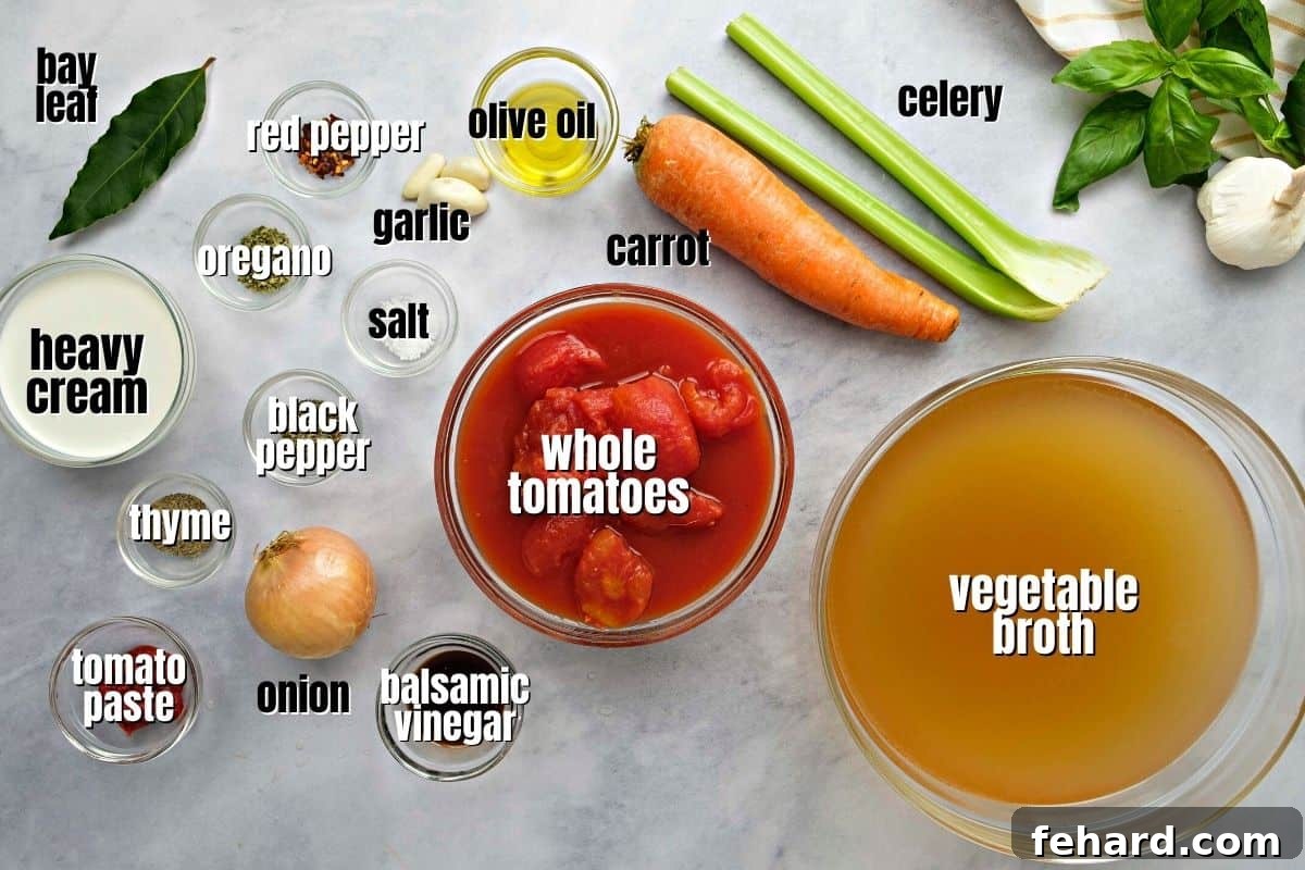 A curated display of fresh ingredients for Instant Pot Tomato Soup, including canned whole tomatoes, tomato paste, carrots, onions, celery, garlic, and various spices arranged on a countertop.