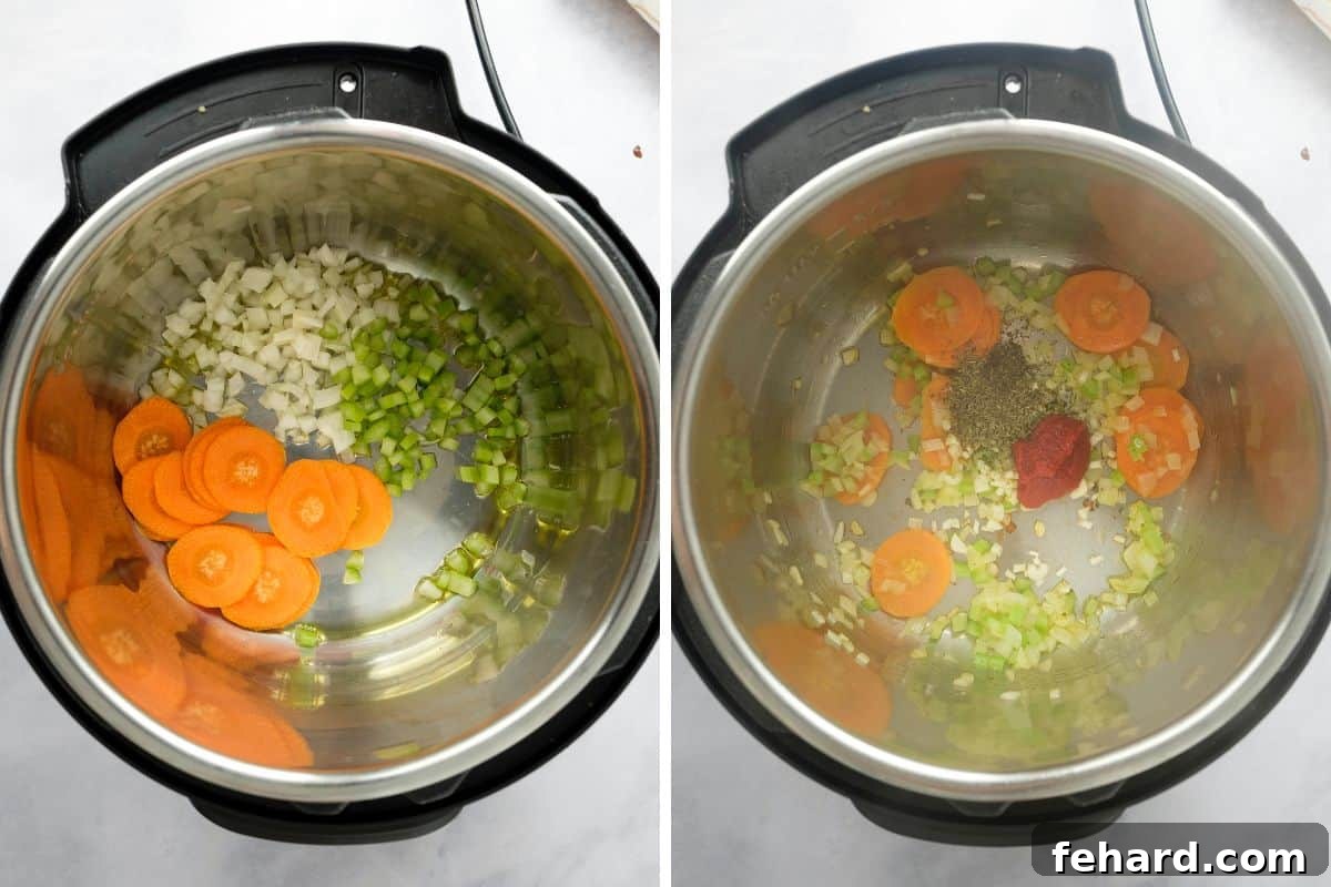 Side-by-side view of an Instant Pot. One side shows raw chopped yellow onion, carrot, and celery ready for sautéing, while the other shows the same vegetables softened and fragrant after being sautéed with spices and tomato paste, displaying a crucial step in building flavor.