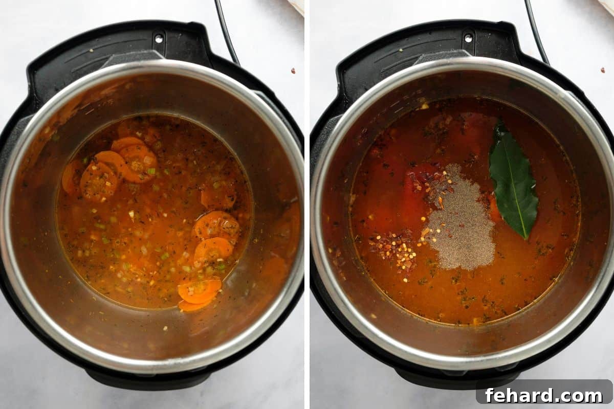 A two-part image showing the Instant Pot's inner pot: the first image shows the pot after deglazing to remove browned bits, and the second image displays all the main soup ingredients layered neatly inside, now fully prepared for the pressure cooking phase.