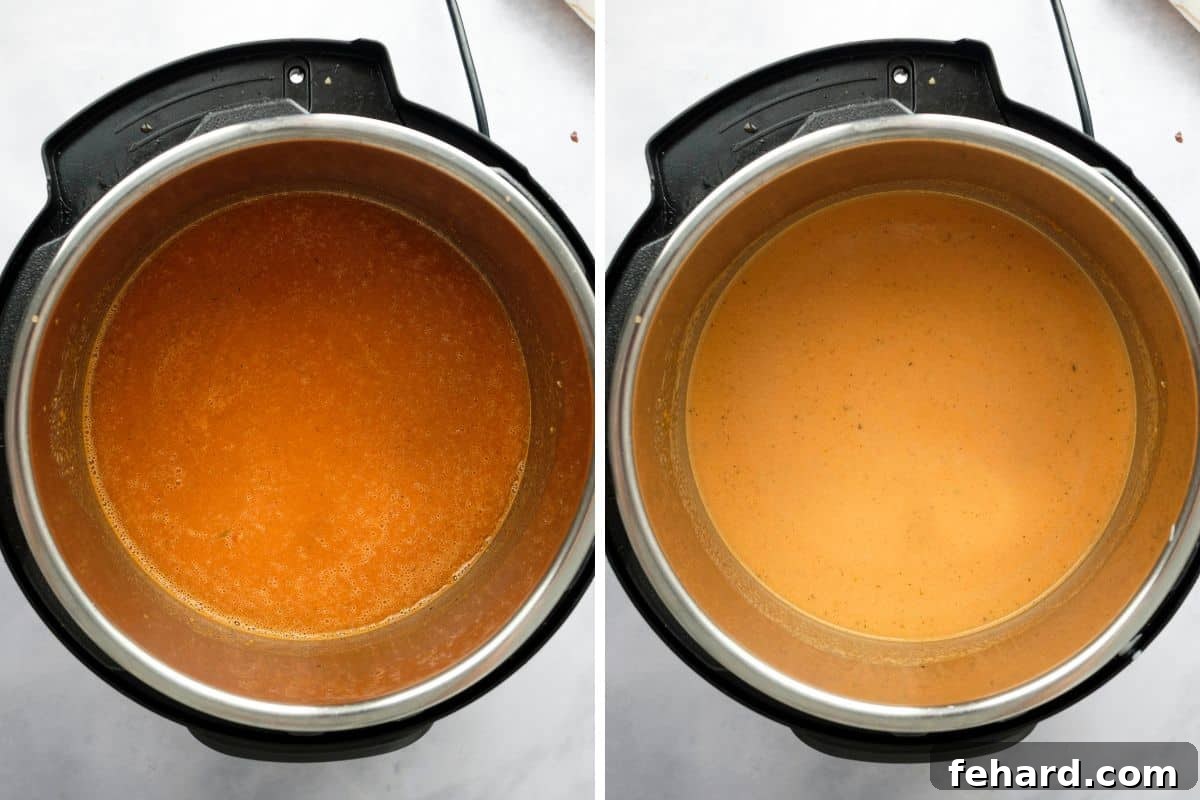 A captivating comparison shot: on the left, an Instant Pot with freshly blended tomato soup, smooth and rich. On the right, the same soup after heavy cream has been stirred in, showcasing its transformation into a luxuriously creamy and inviting consistency.