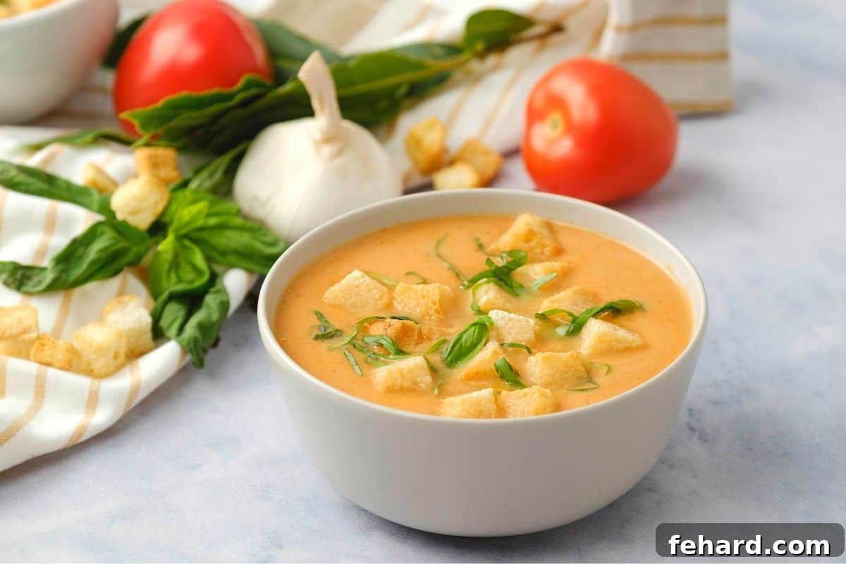 A beautifully presented bowl of Instant Pot tomato soup, garnished with crispy croutons and fresh basil, positioned against a rustic background featuring whole ripe tomatoes and garlic cloves.