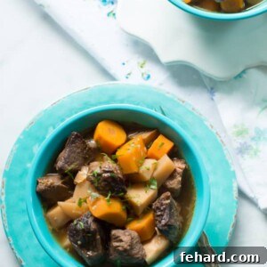 Comforting Slow Cooker Beef Stew with Turnips and Carrots 2 Turnip and Carrot Slow Cooker Beef Stew in a serving bowl.
