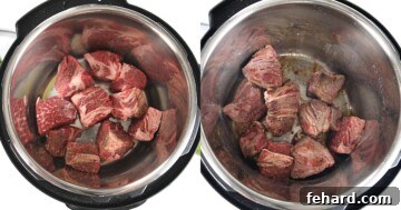 Quick Barbacoa Perfection 5 Side by side photos showing progress of searing chuck in instant pot.