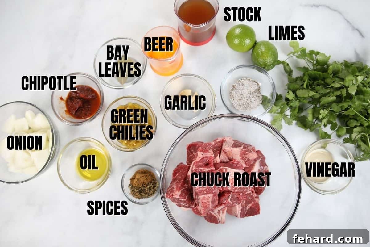 Instant Pot Shredded Mexican Beef Labeled ingredients for beef barbacoa laid out on a white kitchen counter.