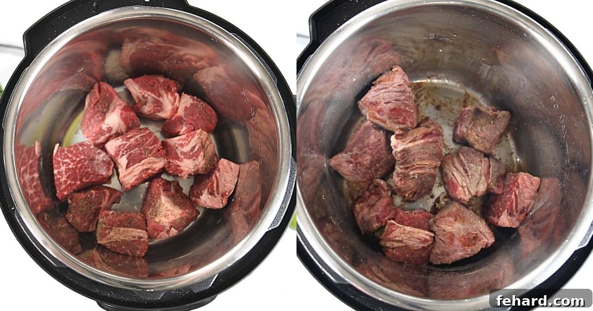 Barbacoa Recipe Side-by-side photos illustrating the progression of searing chuck roast in an Instant Pot.