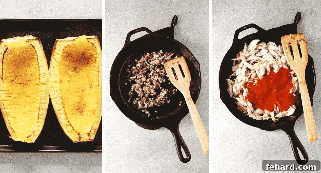step by step instructional photos - roasting spaghetti squash and making the sauce
