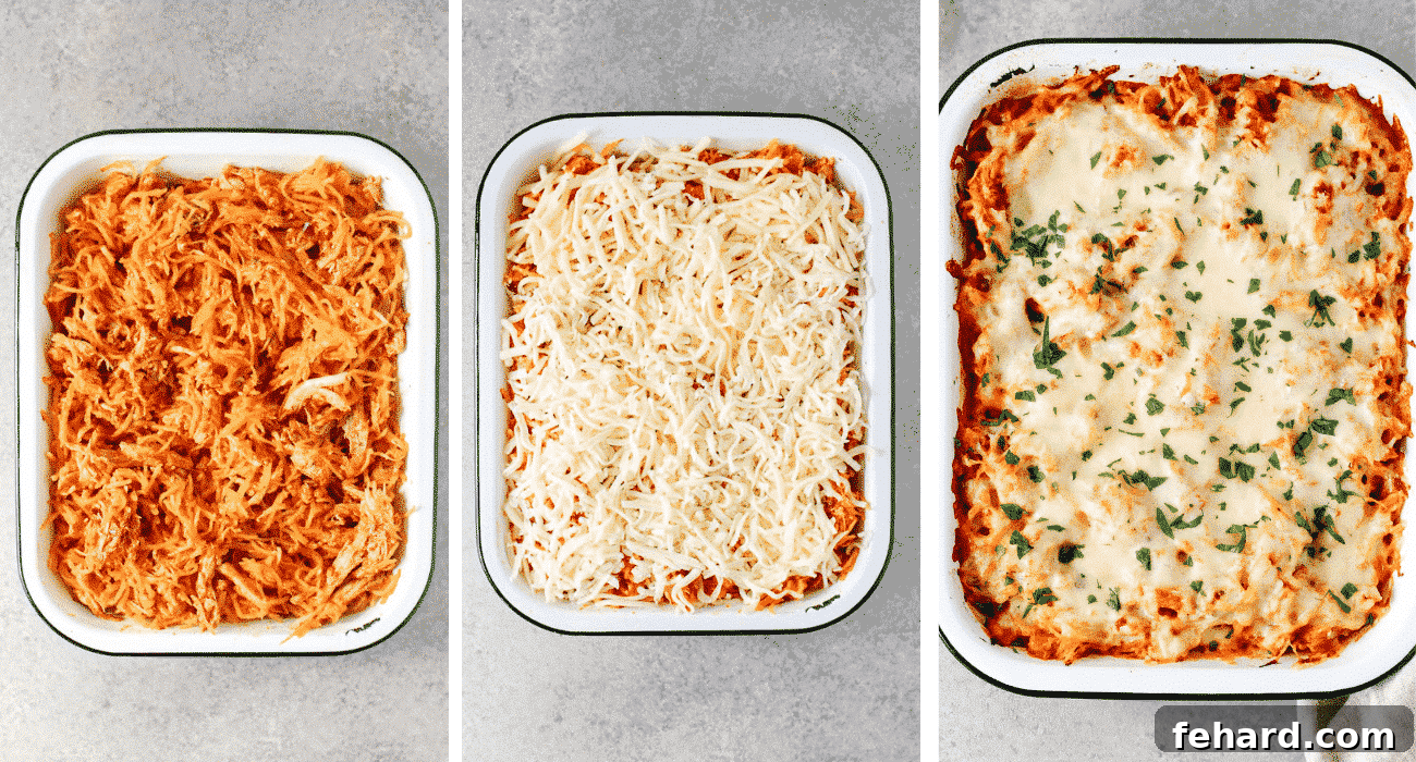 step by step instructional photos - putting the spaghetti squash mixture into the baking pan, topping with cheese, and baking