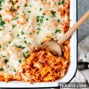 Overhead photo of a baking dish of spaghetti squash casserole