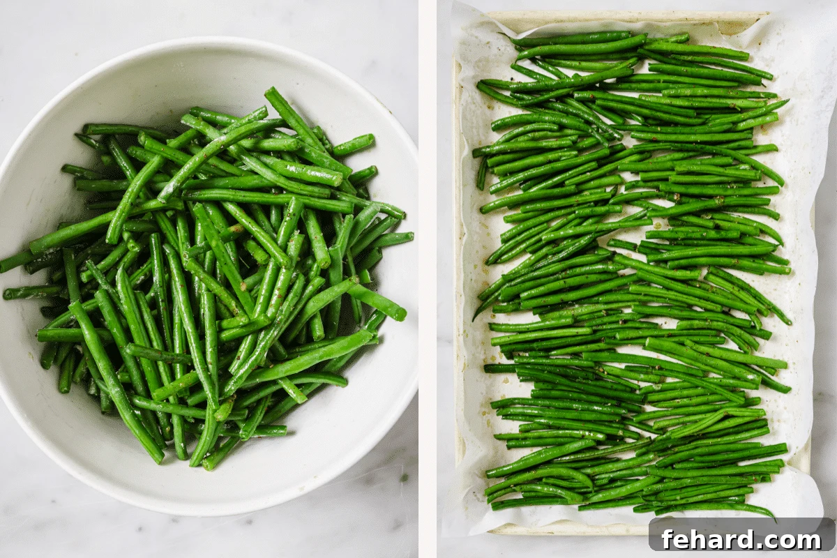 Garlic Parmesan Green Beans 4 Left: Green beans thoroughly seasoned in a mixing bowl with olive oil and spices. Right: The seasoned green beans spread evenly in a single layer on a baking sheet, ready for roasting.