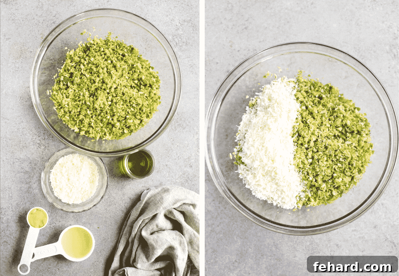instructional step by step photos: flat lay of the ingredients and then combining them in a bowl for the Parmesan Brussels Sprouts Salad