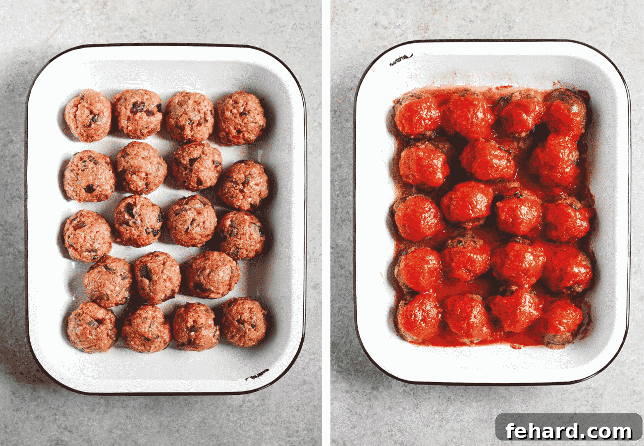 Comforting Meatball Bake 3 Instructional step by step photos: placing the meatballs in the casserole dish to be baked then topping the baked meatballs with tomato sauce