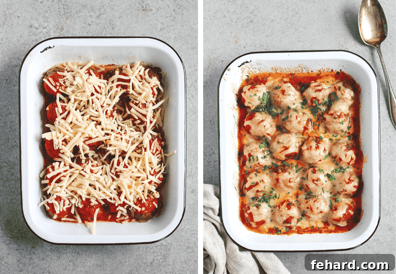 Comforting Meatball Bake 4 Instructional step by step photos: topping the baked meatballs with cheese then baking. Finishing with garnish on top.