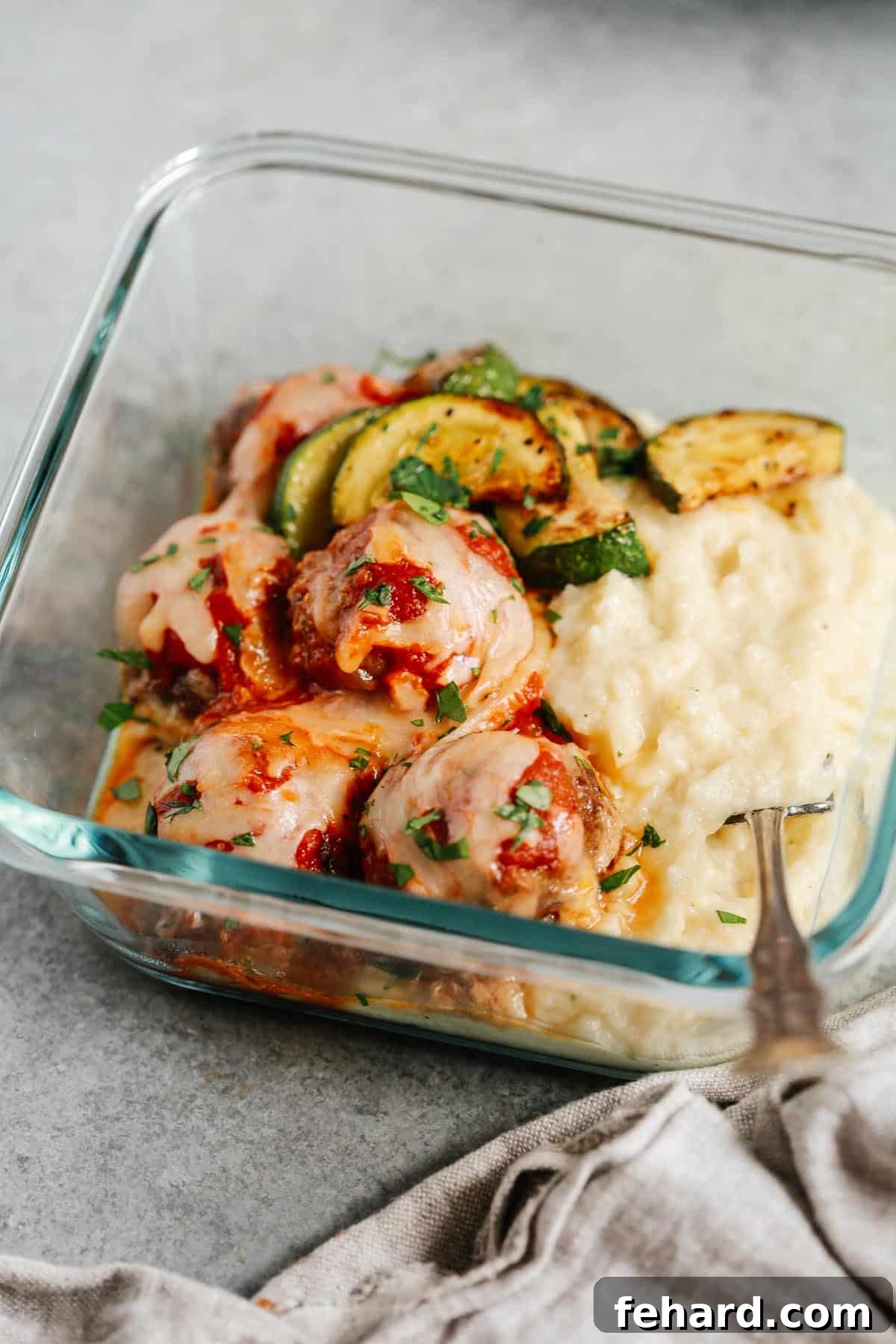 Comforting Meatball Bake 5 Close up of the meatball casserole in a meal prep container