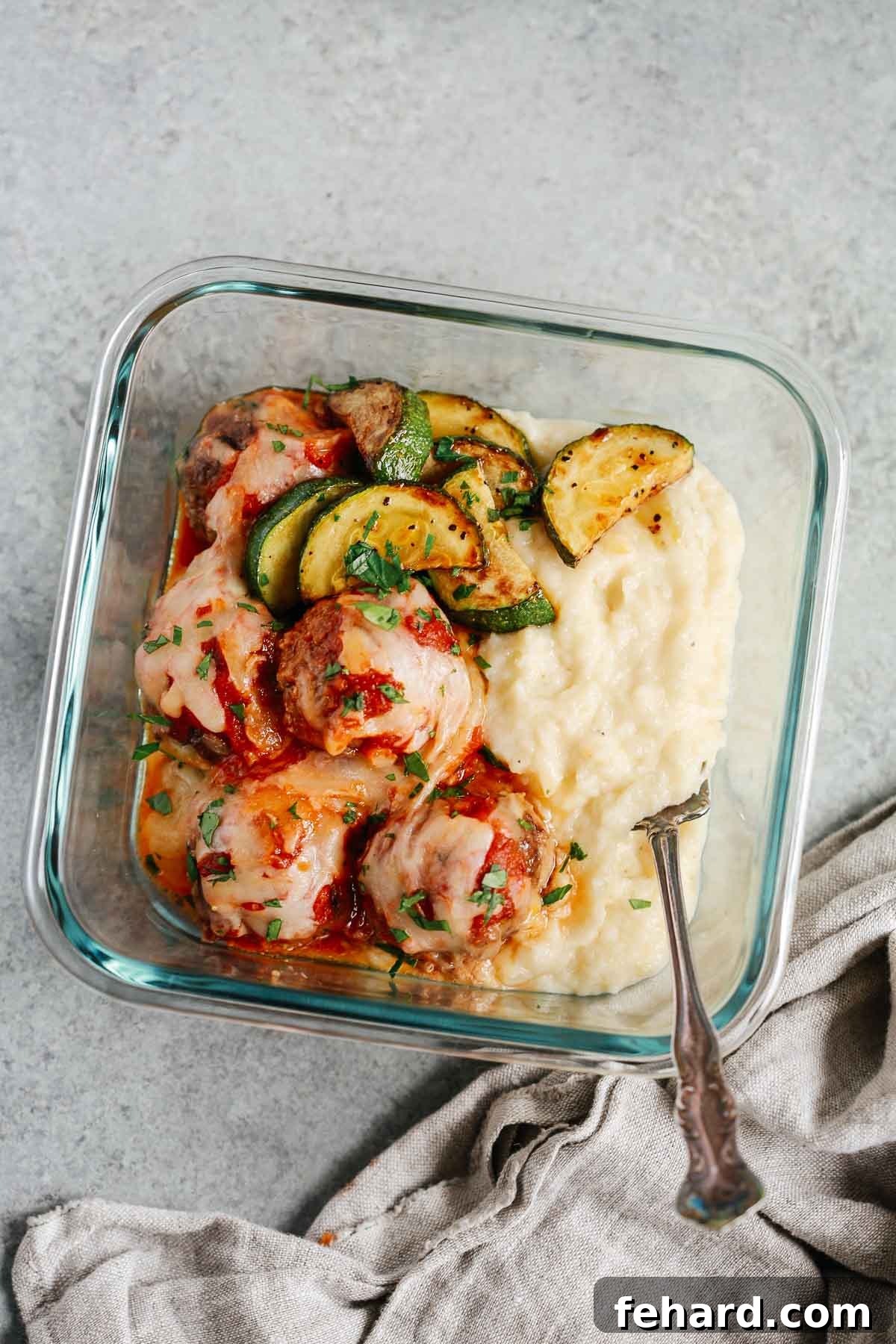 Comforting Meatball Bake 6 Baked meatball casserole in a meal prep container