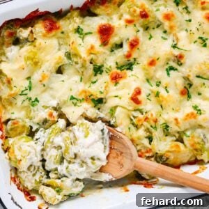 Close up of Brussels Sprouts Casserole Recipe.