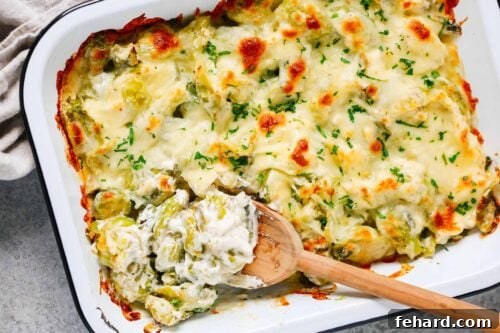 Close up of Brussels Sprouts Casserole Recipe.