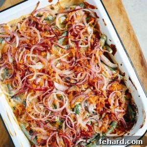 Overhead image of Healthier Green Bean Casserole Recipe inside of a baking pan.
