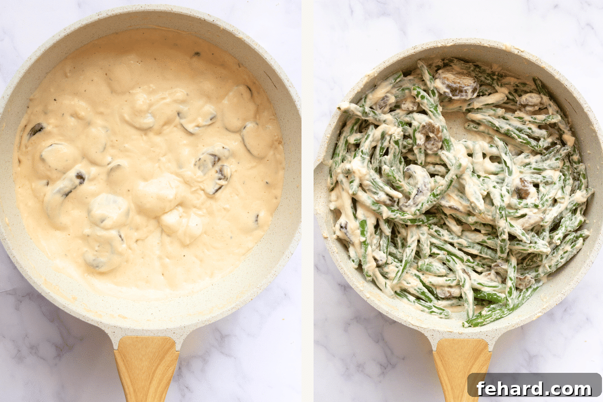 right: mushroom with heavy creamy in a skillet. Left: mushroom mixture with green beans