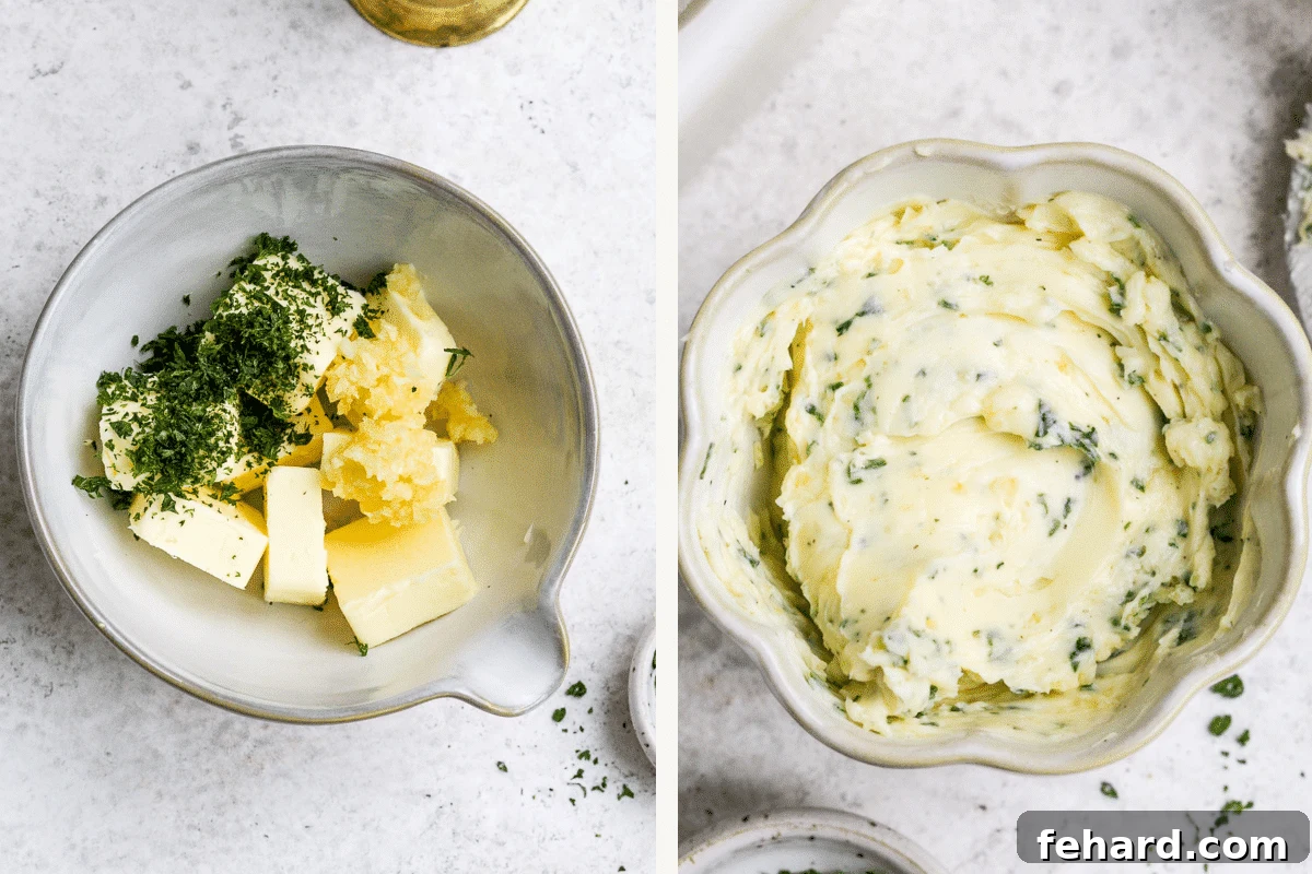 Left: A white bowl filled with fresh ingredients like garlic, herbs, and lemon. Right: A close-up of the mixed garlic herb butter.