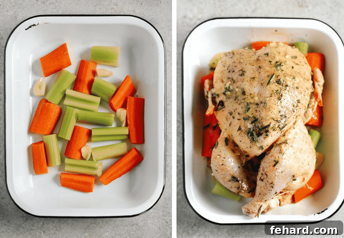 Two images: one illustrating how to arrange carrots and celery as a base in a roasting pan, and the other showing the herb butter-coated chicken placed on top of the vegetables.