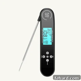 An essential kitchen tool for perfect cooking: a sleek, digital meat thermometer.