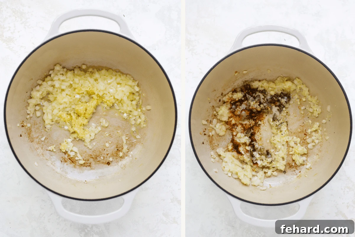 Left: Diced onion being sautéed in a pot with olive oil. Right: Spices and seasonings freshly added to the sautéed aromatics in the pot, stirring to combine.