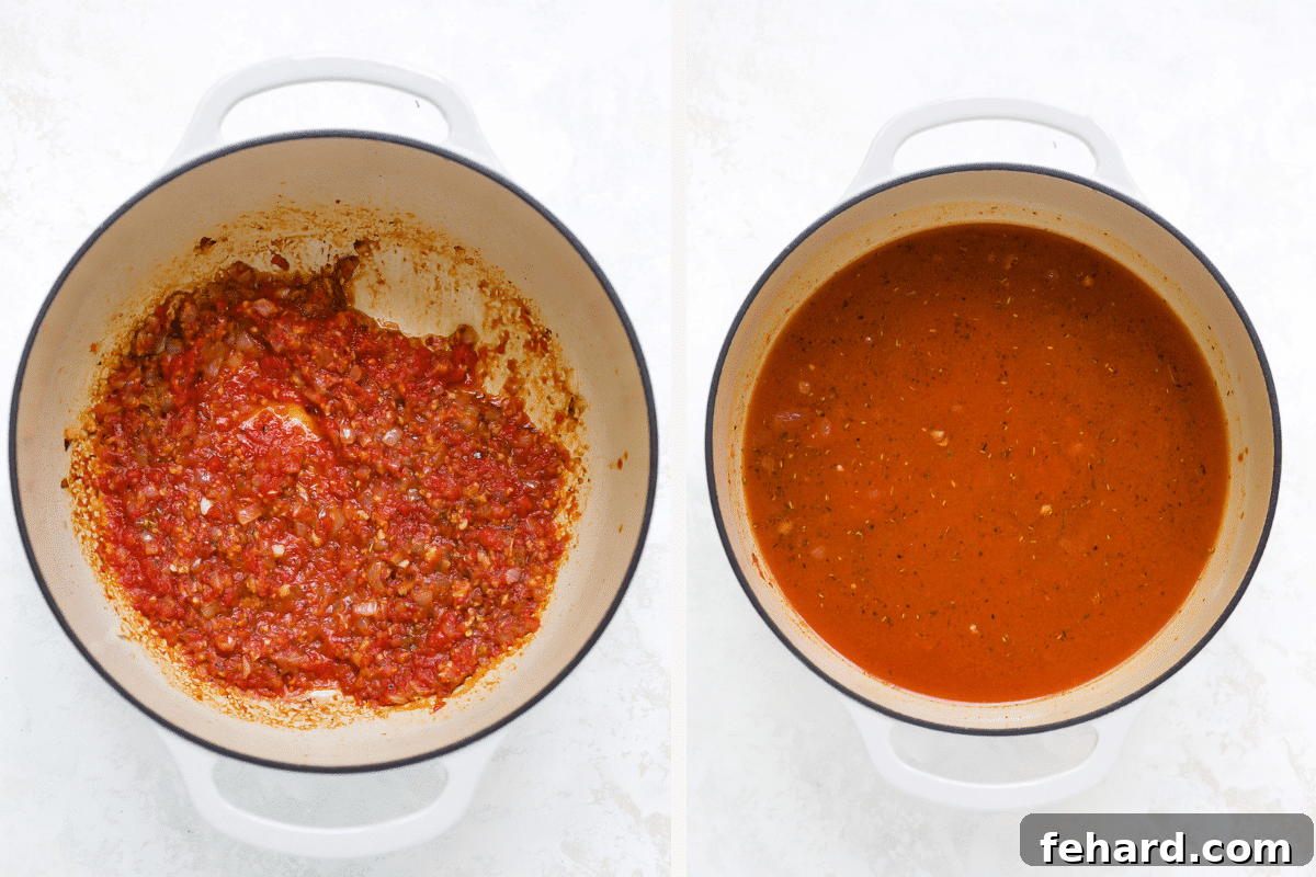 Left: Tomato paste and crushed tomatoes added to the pot with a rich, red color. Right: Vegetable broth being poured into the pot, creating the soup base.