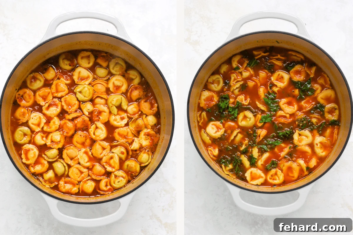 Left: Cheese tortellini pasta being gently added to the simmering tomato broth. Right: Freshly chopped kale stirred into the soup as it continues to simmer.