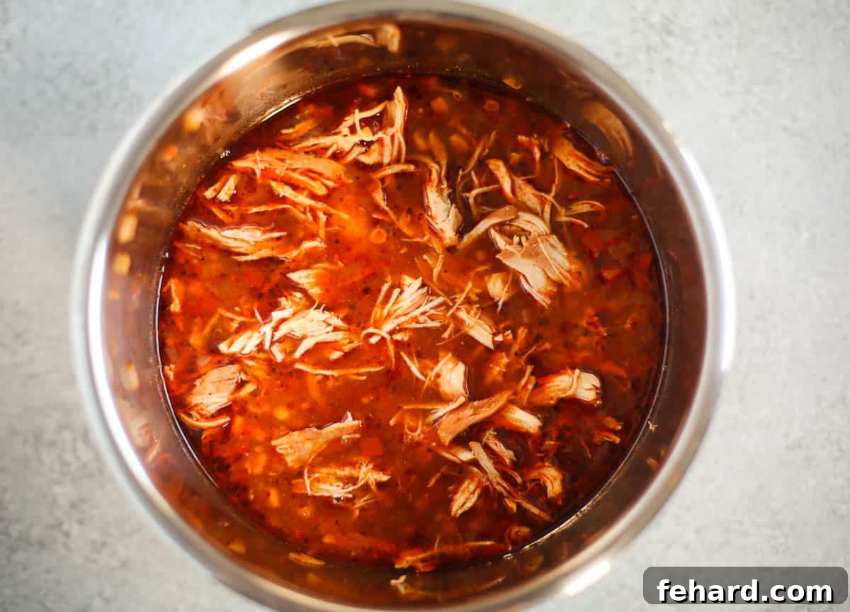 Instant Pot liner with the cooked soup and shredded chicken inside, ready for serving.