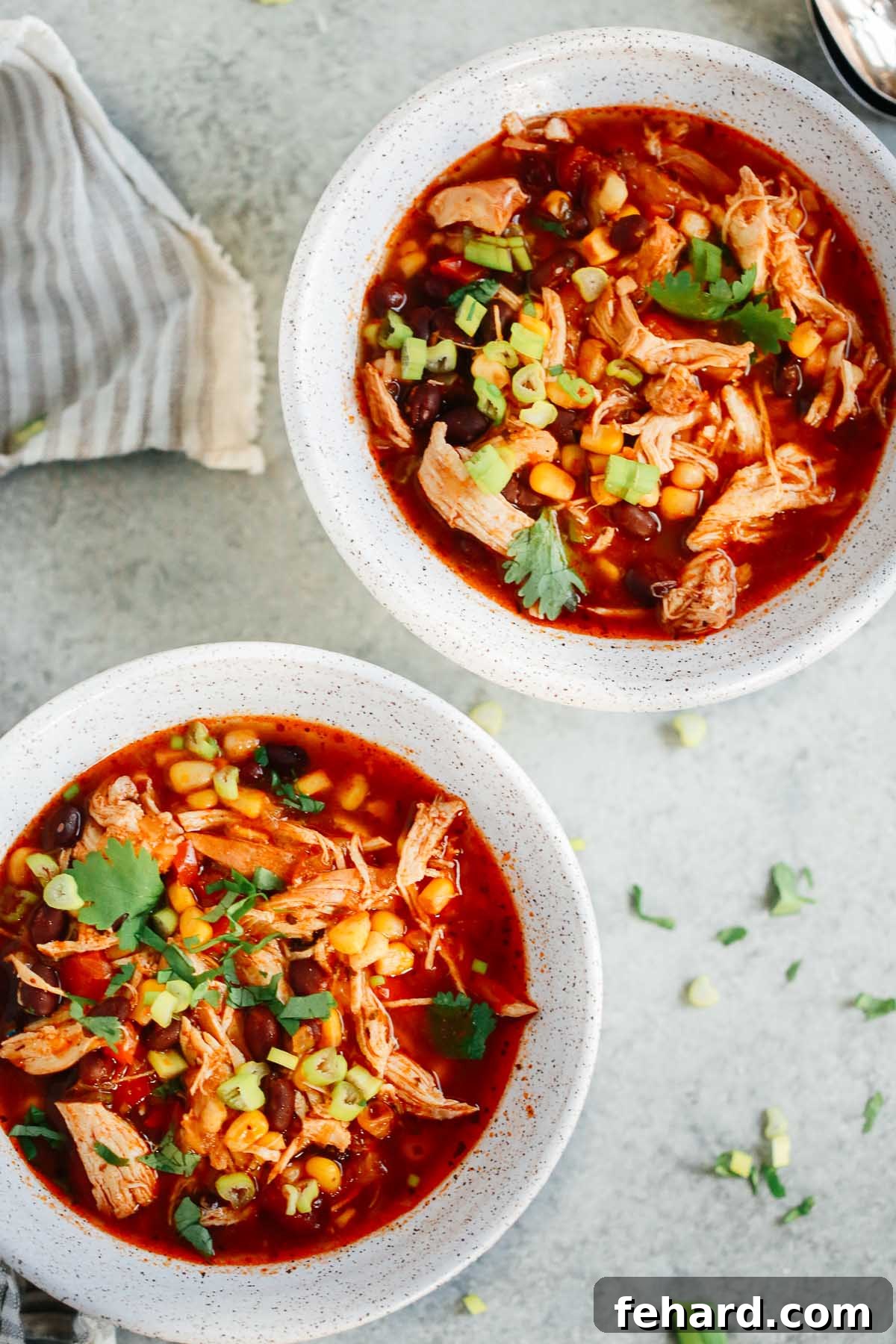 Two bowls of Instant Pot Southwest Chicken Soup, beautifully garnished and ready to be served.