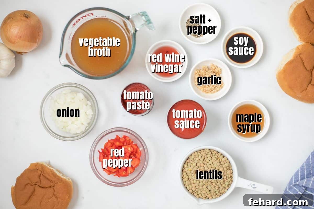Labeled ingredients for vegan lentil sloppy joes laid out on a kitchen counter.