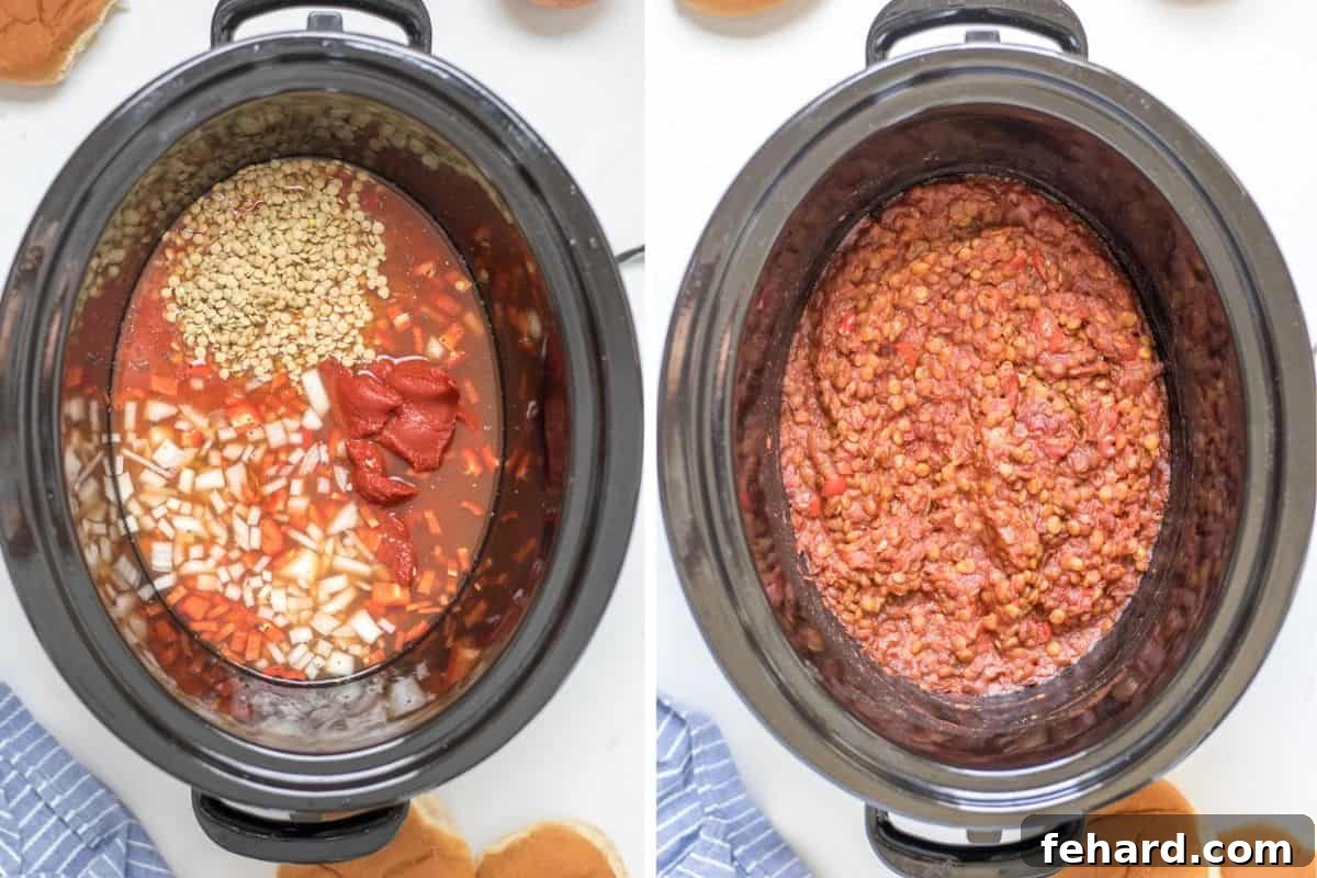 Comparison photos showing uncooked lentil sloppy joe ingredients in a slow cooker next to the finished, saucy mixture.